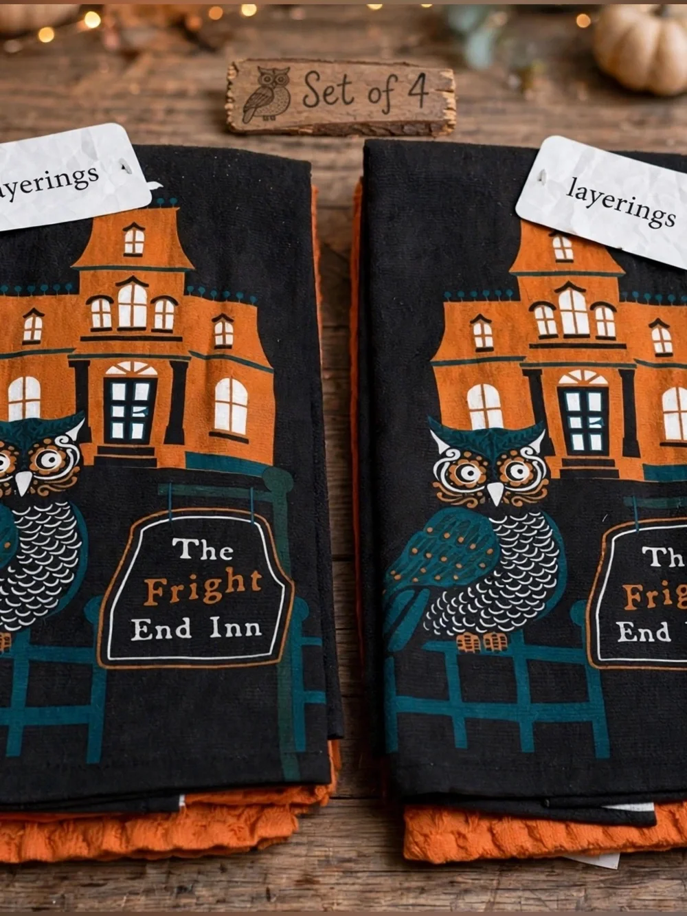 Halloween Dish Towel Bundle Spooky Hotel Owl Decor 4 Piece Set